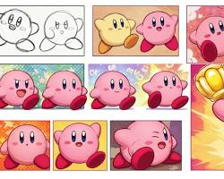 A person's index finger with the face of the Nintendo character Kirby drawn on it. The finger is held up against a colorful background, representing the Kirby Dedo meme.